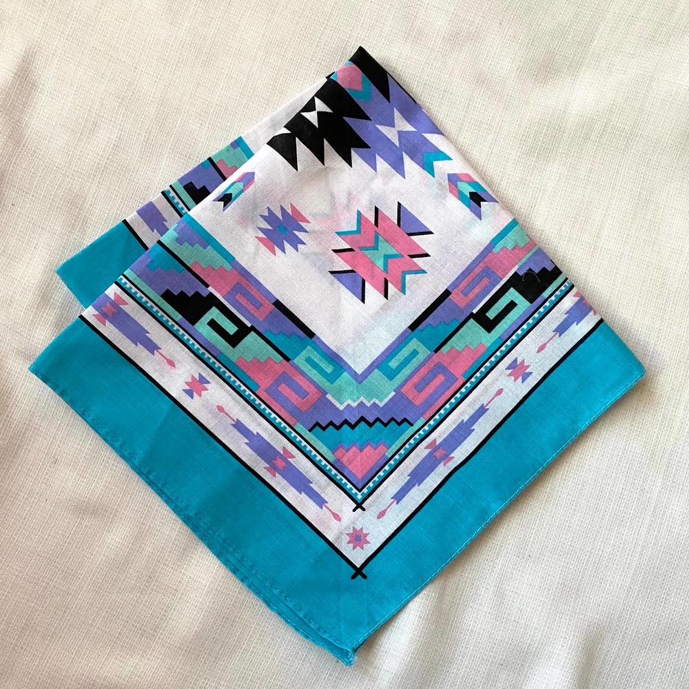 Springs Industries Native Print Aqua Blue Square Bandana in‎ Unused Condition